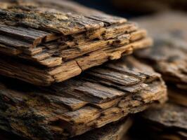 Weathered wood stacked in layers with intricate textures photo