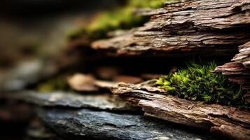 Wood and moss create a serene nature background photo