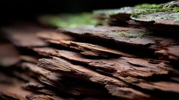 Textured layers of weathered wood with moss at sunset photo