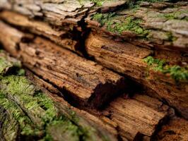 Detailed view of textured wood with green moss on surface photo