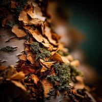 Beautiful close-up of bark with moss and dried leaves photo