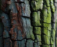 Textured bark of a tree showing vibrant colors and patterns photo
