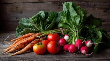 Fresh vegetables on a rustic wooden table in natural light photo