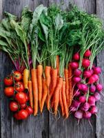 A variety of vegetables are arranged in a rainbow pattern photo