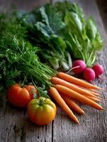 Colorful assortment of fresh vegetables on wooden table photo