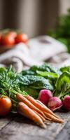 Fresh vegetables and fruits arranged on wooden table photo