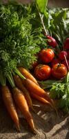 Harvested vegetables arranged on a wooden surface photo