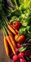 Freshly harvested vegetables arranged on wooden table photo