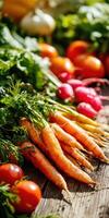 Freshly harvested vegetables arranged on a wooden table photo