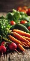 Fresh vegetables arranged beautifully on wooden surface photo