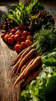 Freshly harvested vegetables on a rustic wooden table photo