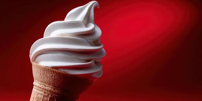 Delicious soft serve ice cream in a cone against red background photo