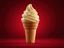 Delicious soft serve ice cream cone on a red background photo