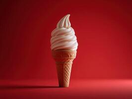 Swirled soft serve ice cream cone on bright red background photo
