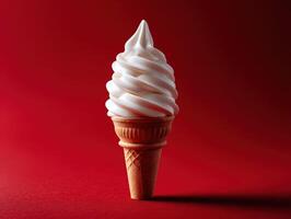Swirled soft serve ice cream in a cone against a red backdrop photo