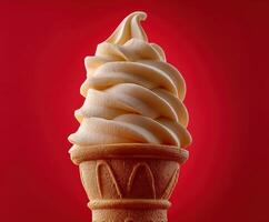 Delicious soft serve ice cream in a cone against a red backdrop photo