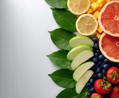 Colorful arrangement of fresh fruits and green leaves displayed photo