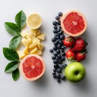 Fresh fruit and vegetables arranged in a square shape photo