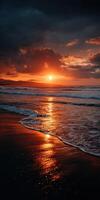 Vibrant sunset over ocean beach reflections in calm waters photo