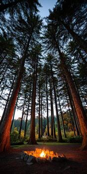 Campfire glows beneath towering trees in serene forest photo