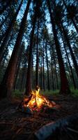 Campfire burning bright in a serene forest at dusk photo