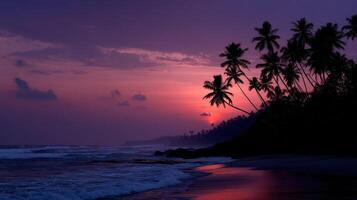 Sunset over ocean beach with palm trees and purple sky photo