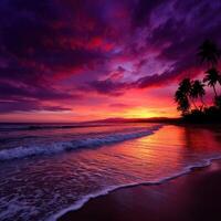 Vibrant sunset reflects on calm beach waters with palm trees photo