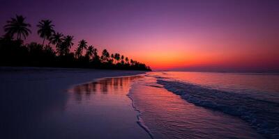 Vibrant sunset over tranquil beach with palm trees photo