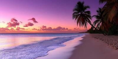 Serene sunset over tropical beach with swaying palm trees photo