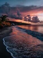 Sunset over the tranquil beach with calming waves photo