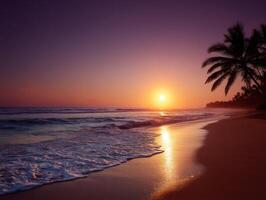 Beautiful sunset on a calm beach with palm trees in view photo