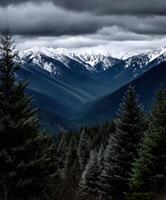 Snow-capped mountains under dark clouds in a scenic landscape photo
