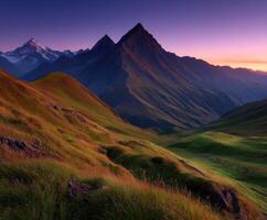 Mountain landscape at sunset with rolling hills and peaks photo
