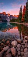 Serene morning at a tranquil mountain lake with reflections photo