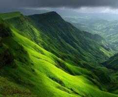 Stunning green hills under dramatic clouds at midday photo