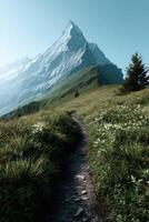 Majestic mountain peak rises over a winding trail in nature photo