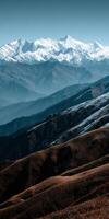 Mountain landscape showcases snow-capped peaks and valleys photo