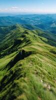 Vibrant green hills under clear blue sky in summer photo