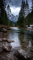 Scenic river flowing through a tranquil forested valley photo