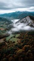 Mountain landscape with mist and colorful trees in autumn photo