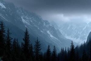 Mountains shrouded in mist during overcast day in wilderness photo