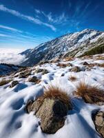Snow-covered landscape in the mountains during sunny weather photo