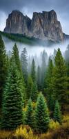 Majestic mountain peak rises above lush green forest photo