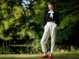 Elegant model posing in a lush outdoor setting photo