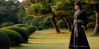 Woman in black attire stands gracefully in serene garden setting photo