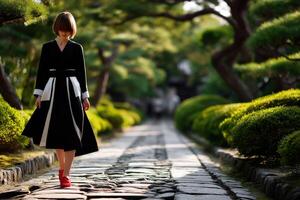 Woman walking on stone path in lush garden during daytime photo