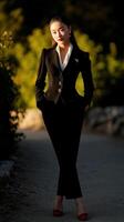 Elegant woman in black suit walking in nature at sunset photo