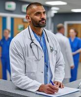 Doctor in a hospital setting taking notes at the desk photo