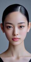 Young model with sleek hairstyle and natural makeup on display photo