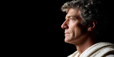 Portrait of a stoic man in profile against a dark background photo